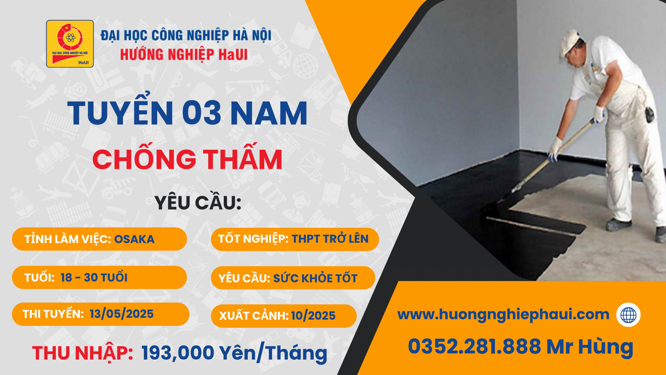 Tuyển Gấp 03 Nam Chống Thấm Làm Việc Tại Osaka – Cơ Hội Tăng Thu Nhập Ổn Định!